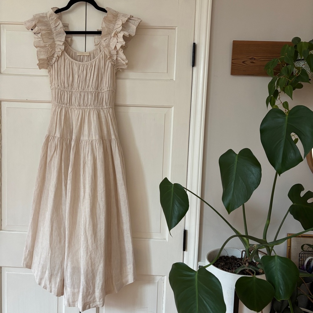 Ulla Johnson Rissa Dress Sand Linen Striped Ruffle Nap Midi Dress Size 2 Beach - Picture 4 of 16